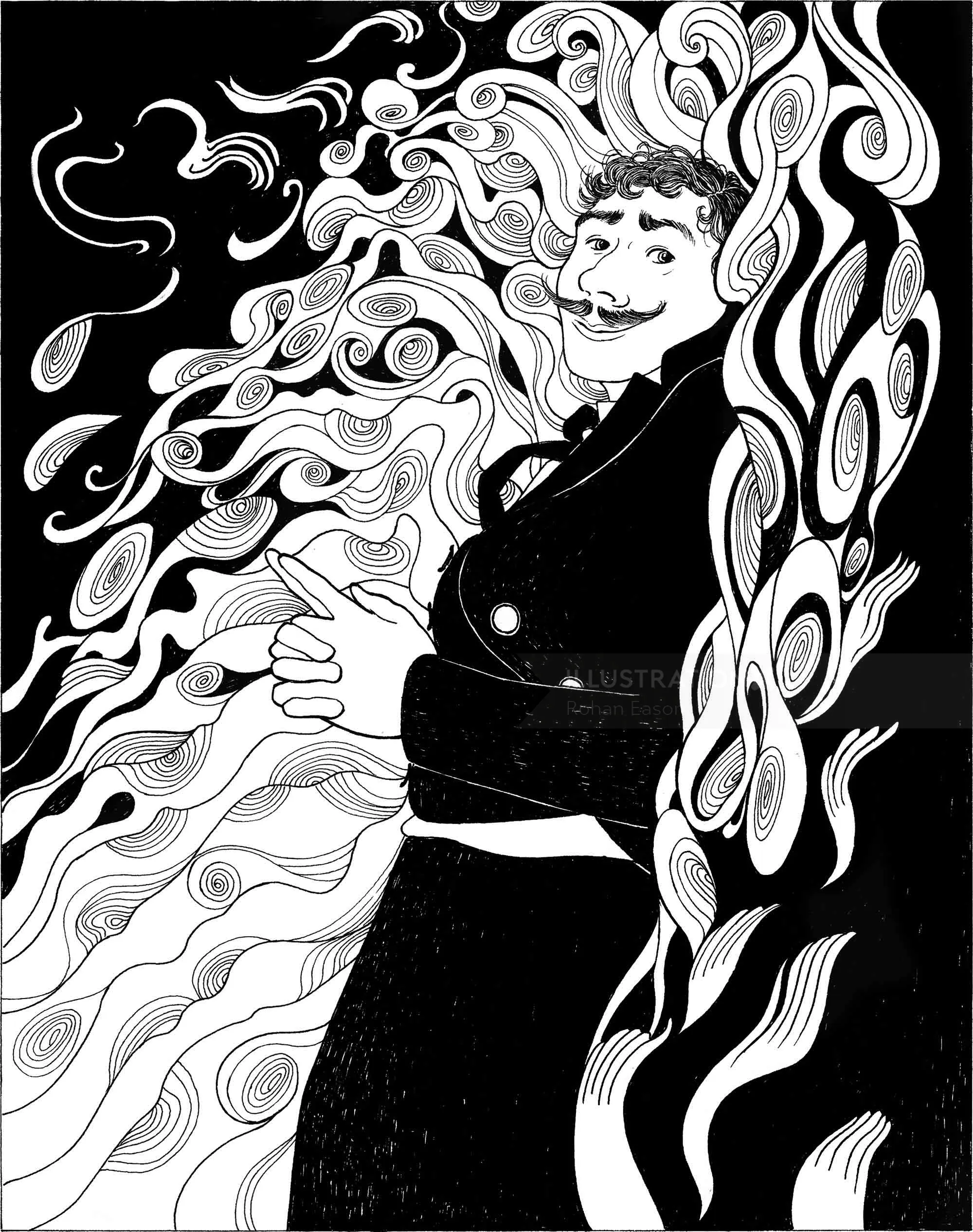 Stylized black and white illustration of a man with swirling patterns