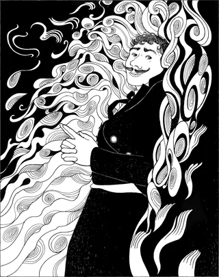 Stylized black and white illustration of a man with swirling patterns