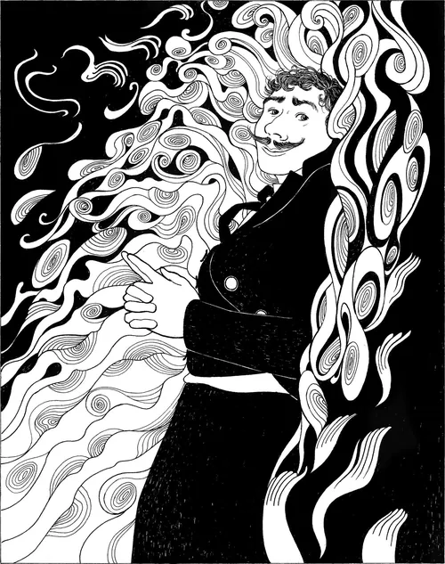 Stylized black and white illustration of a man with swirling patterns