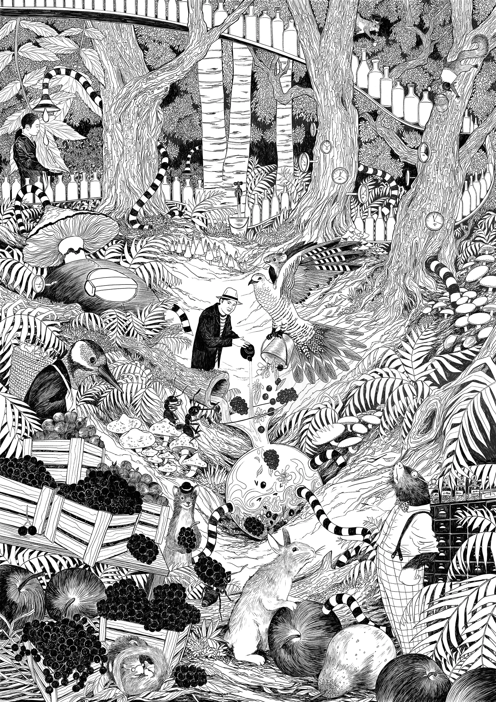 Black and white woodland scene with various animals and a person