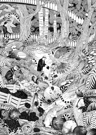 Black and white woodland scene with various animals and a person