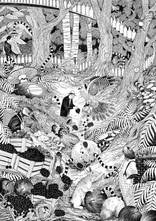 Black and white woodland scene with various animals and a person