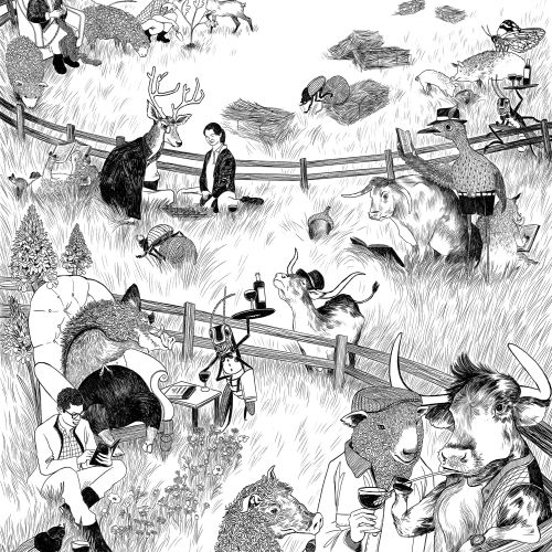 Black and white illustration of people and animals in a park setting