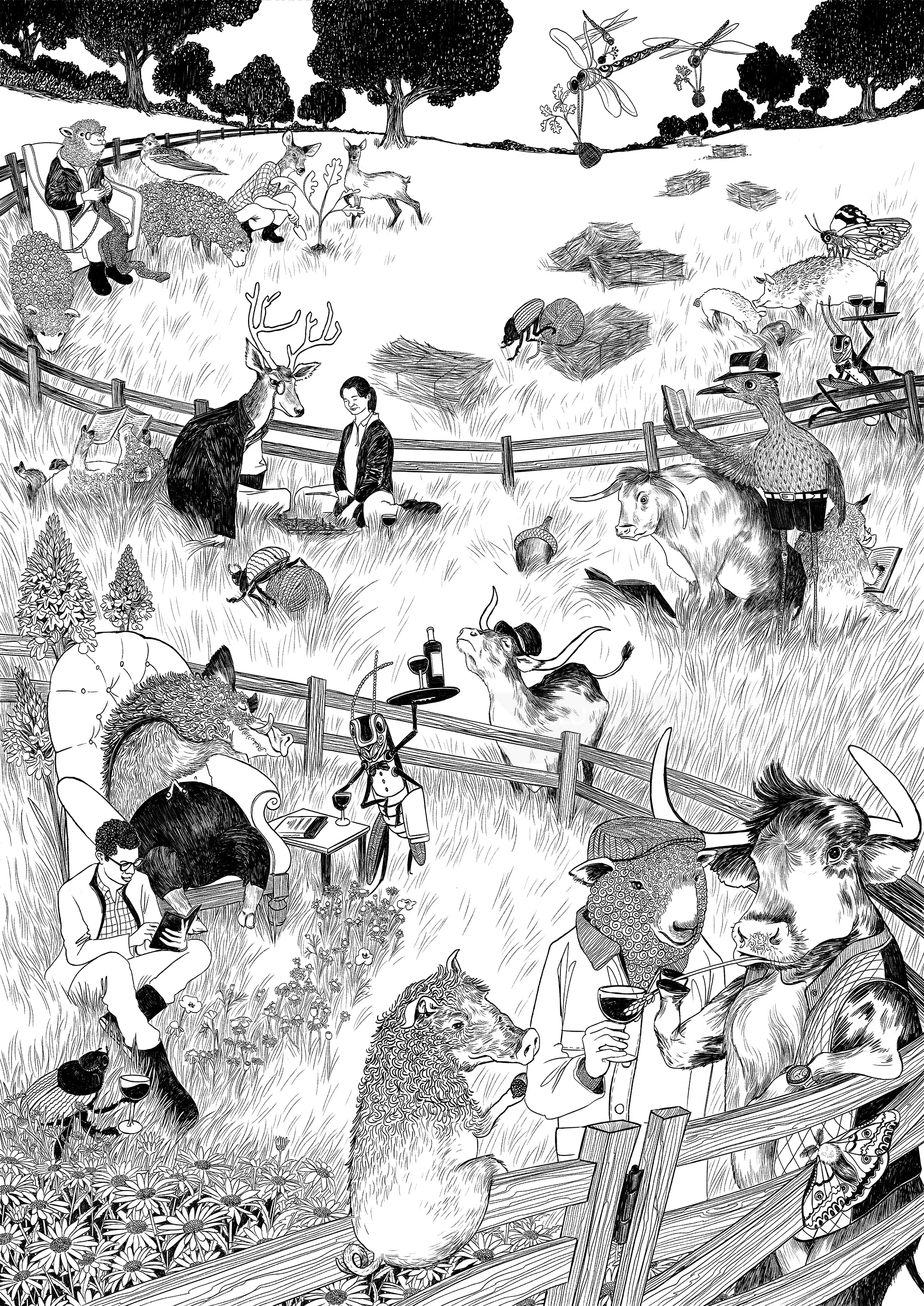 Black and white illustration of people and animals in a park setting