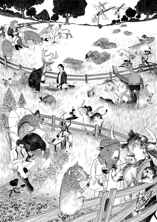 Black and white illustration of people and animals in a park setting