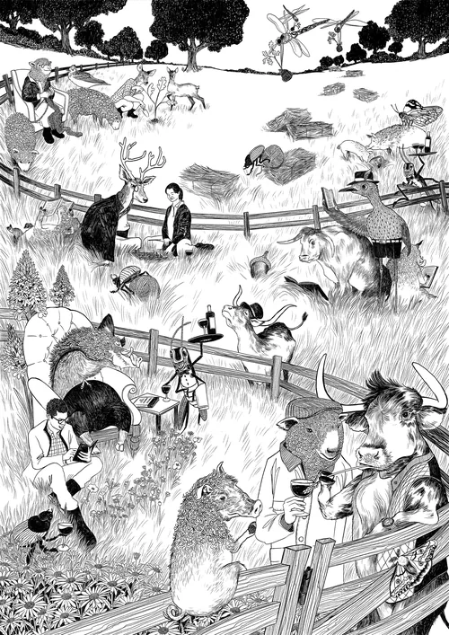 Black and white illustration of people and animals in a park setting