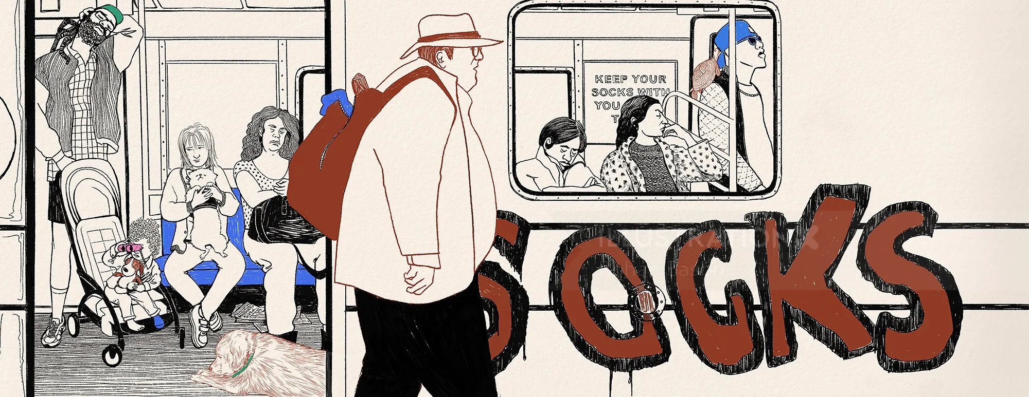Man walking by a bus stop with large socks graffiti and seated people