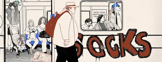 Man walking by a bus stop with large socks graffiti and seated people