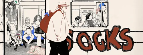 Man walking by a bus stop with large socks graffiti and seated people