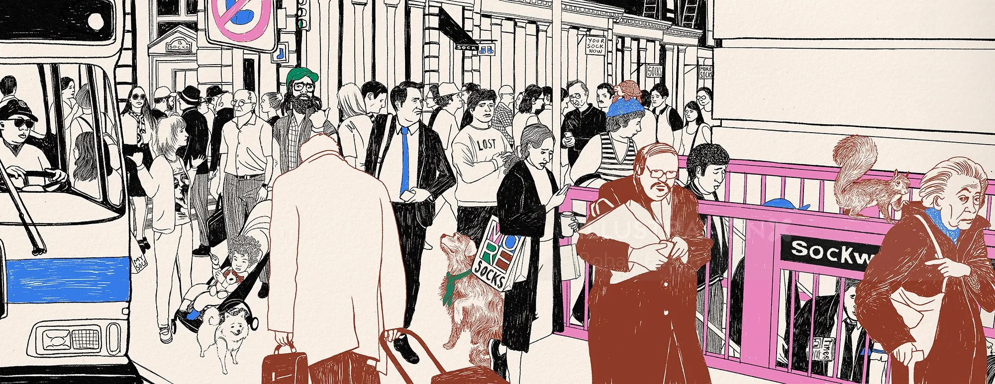 Crowded street scene with people, bus, and sock shop