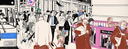 Crowded street scene with people, bus, and sock shop