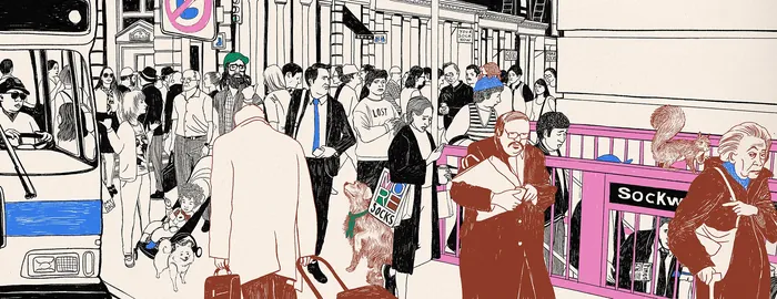 Crowded street scene with people, bus, and sock shop