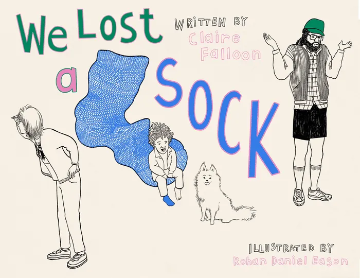 Illustration from We Lost a Sock showing children and a dog near a large blue sock