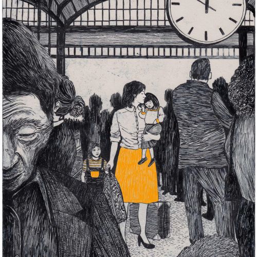 Crowded train station with woman and child, large clock overhead, and a dog on floor.