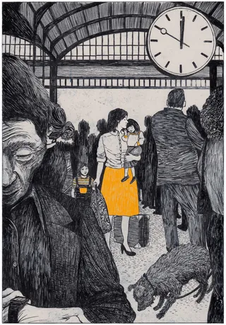 Crowded train station with woman and child, large clock overhead, and a dog on floor.