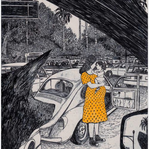 Couple hugging beside vintage car in traffic with cityscape background.