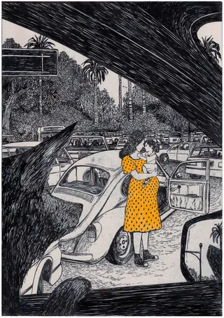 Couple hugging beside vintage car in traffic with cityscape background.