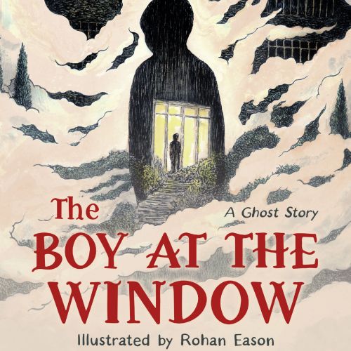 Silhouette of a boy at a window with bats flying around
