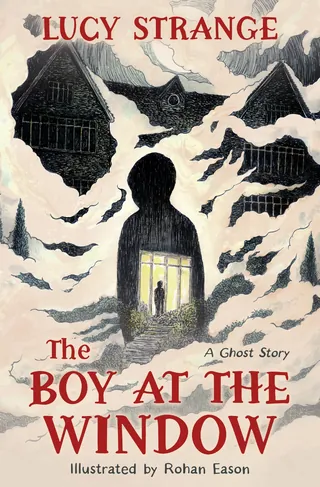 Silhouette of a boy at a window with bats flying around