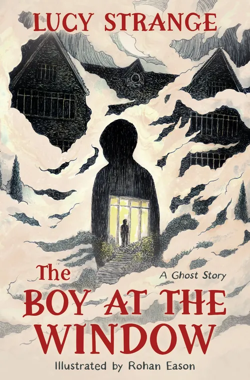 Silhouette of a boy at a window with bats flying around