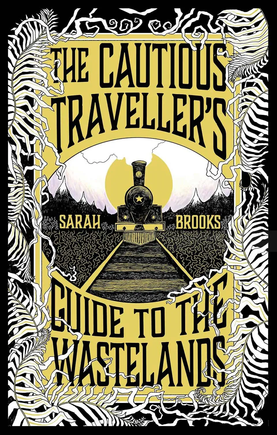 Vintage book cover with train and skeletal decorative border