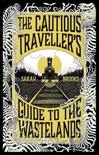 Vintage book cover with train and skeletal decorative border