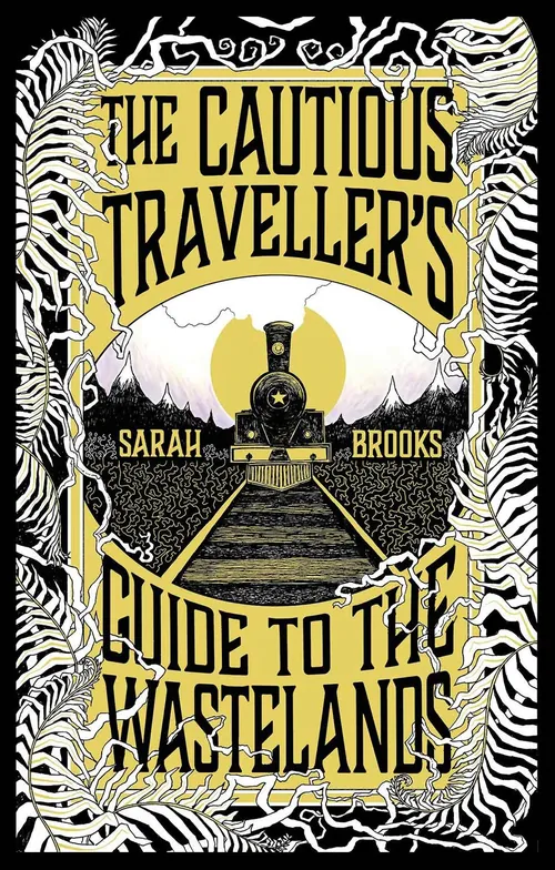 Vintage book cover with train and skeletal decorative border
