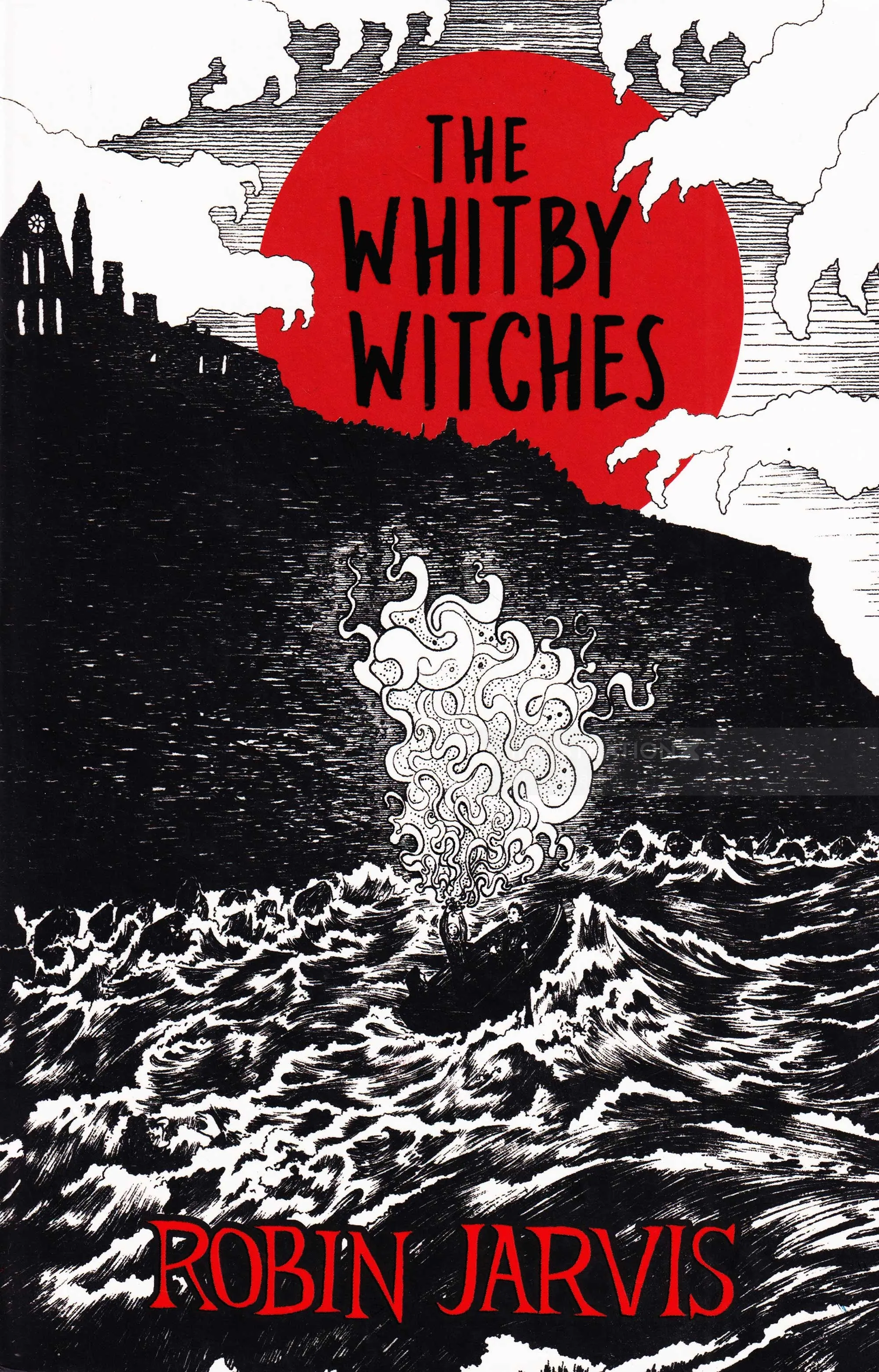 The Whitby Witches book cover with cliff, turbulent sea, and red moon.