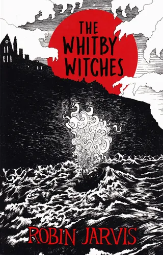 The Whitby Witches book cover with cliff, turbulent sea, and red moon.