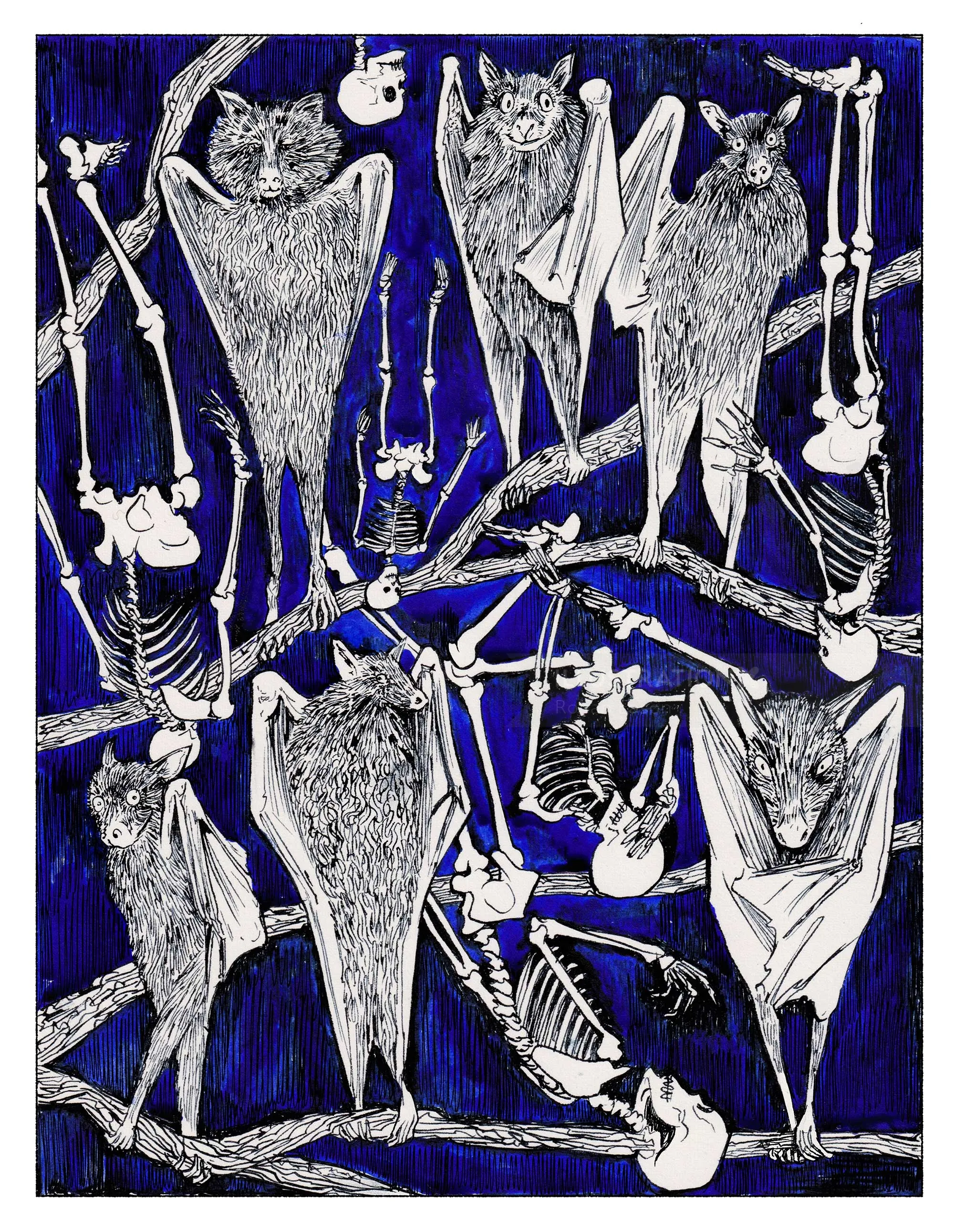 Illustration of bats hanging amidst skeletal bones on dark background
