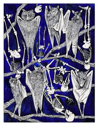 Illustration of bats hanging amidst skeletal bones on dark background