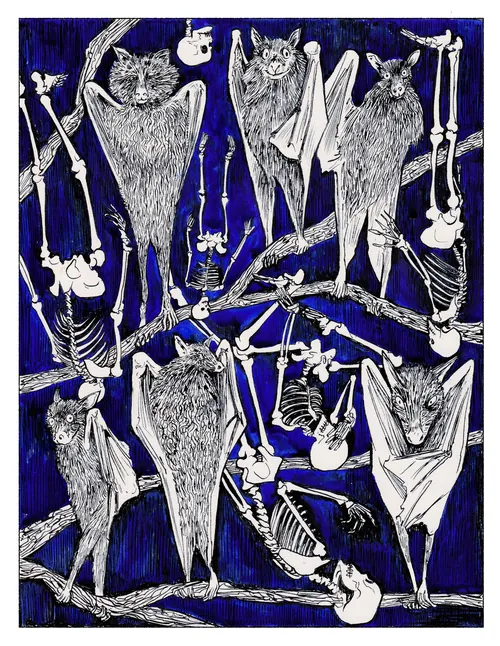 Illustration of bats hanging amidst skeletal bones on dark background