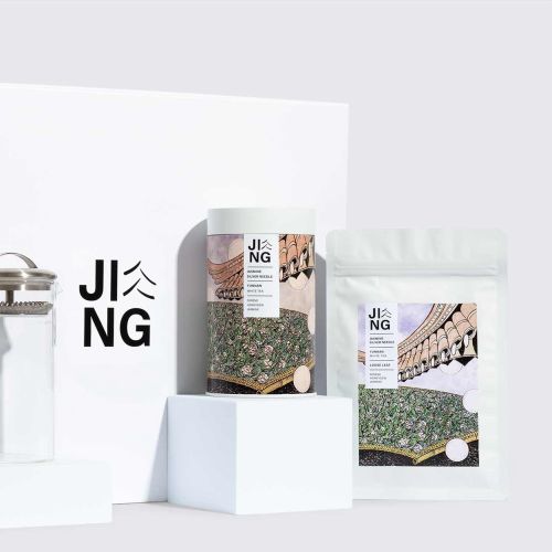 Jing Tea packaging set including white box and product bags by Rohan Eason
