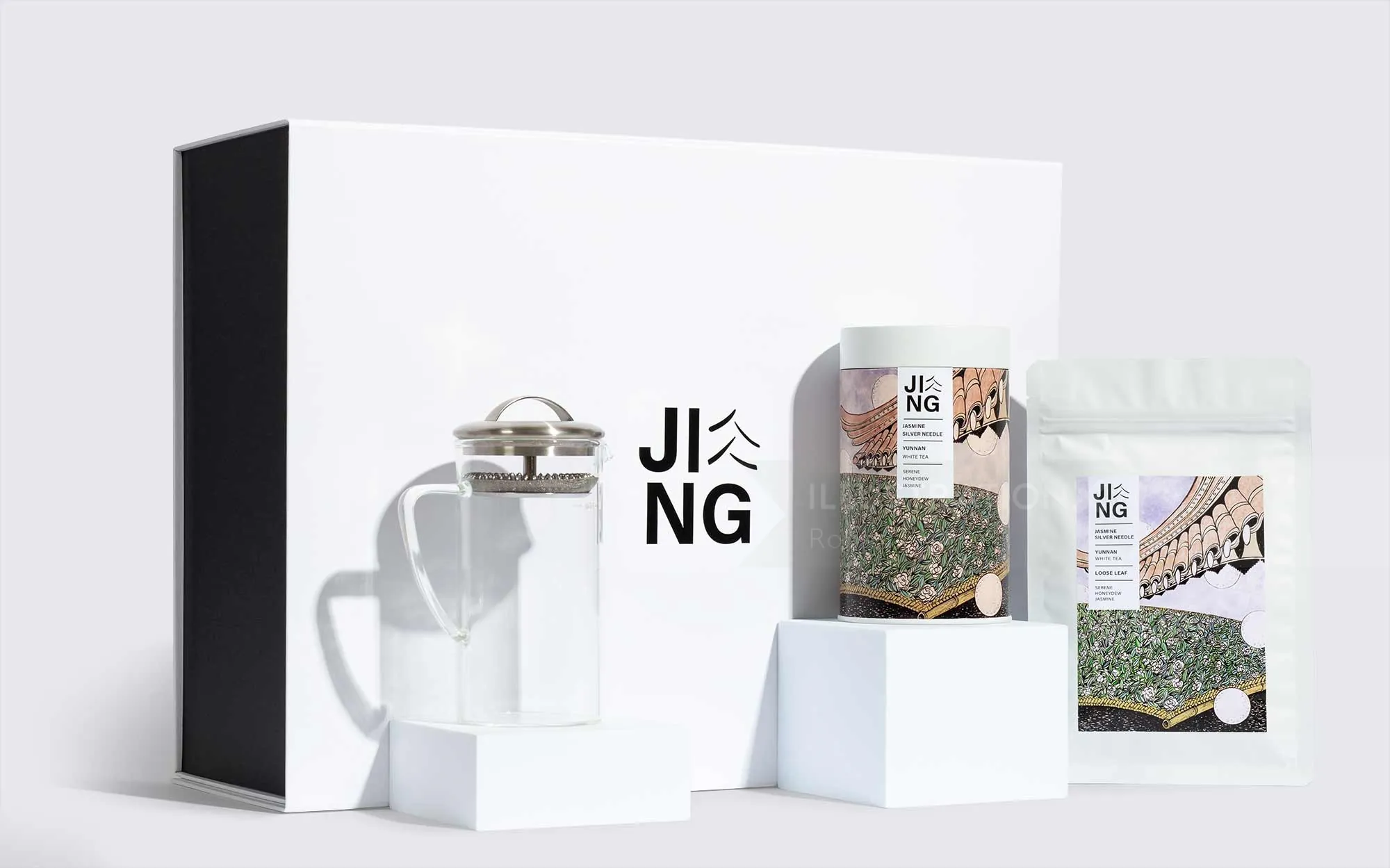 Jing Tea packaging set including white box and product bags by Rohan Eason