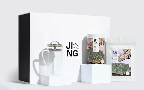 Jing Tea packaging set including white box and product bags by Rohan Eason