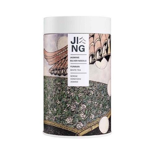 Jing Jasmine Silver Needle tea canister with detailed artistic design by Rohan Eason