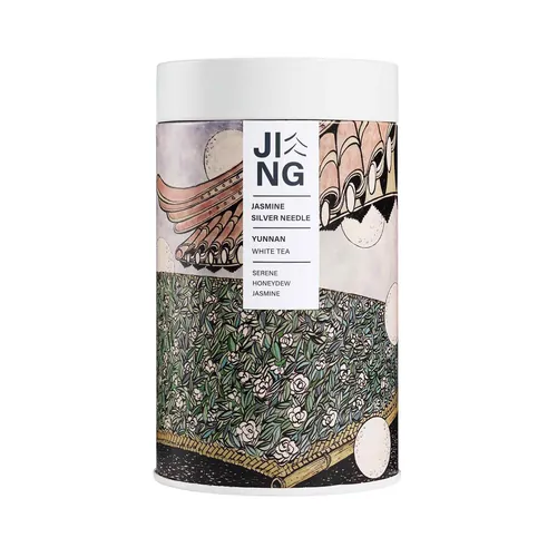 Jing Jasmine Silver Needle tea canister with detailed artistic design by Rohan Eason