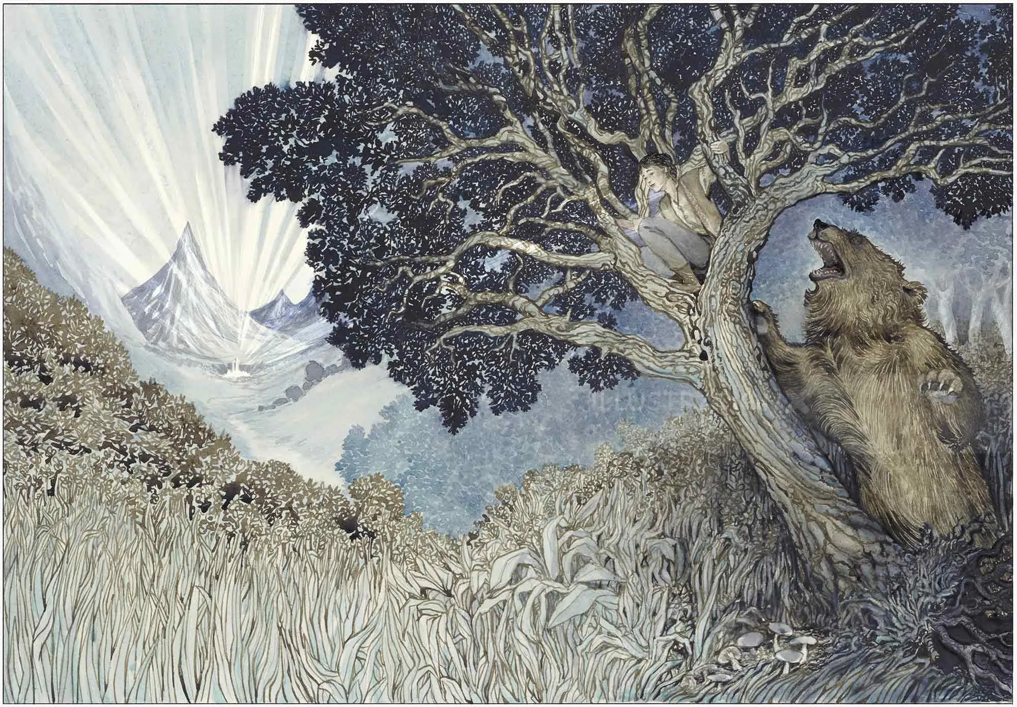 Book cover for Silubra showing bear reaching tree under snowy mountains, art by Rohan Eason