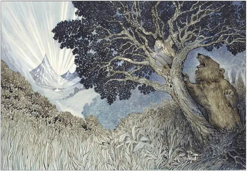 Book cover for Silubra showing bear reaching tree under snowy mountains, art by Rohan Eason