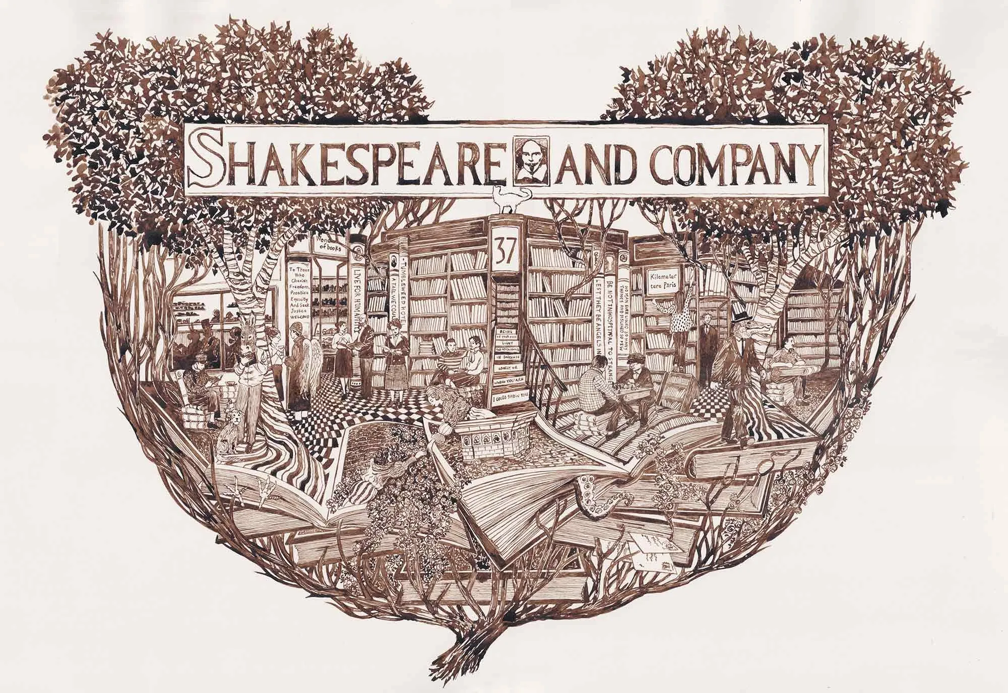 Detailed ink drawing of Shakespeare and Company bookstore interior by Rohan Eason