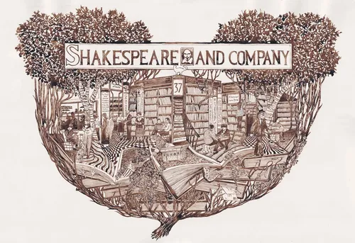 Detailed ink drawing of Shakespeare and Company bookstore interior by Rohan Eason