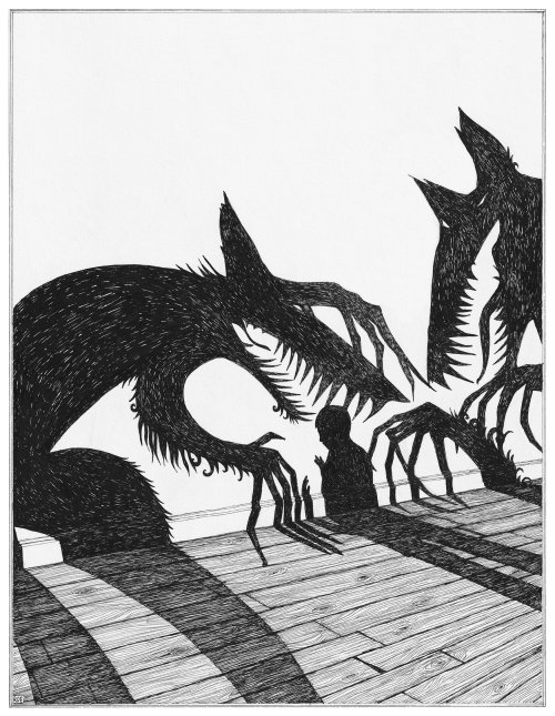 lobo assustador e ilustração de menino por Rohan Eason