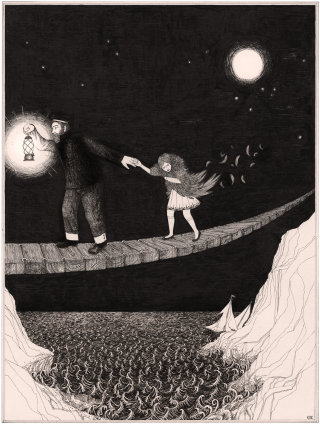 A dark and intricate children's book, 'The Sagging Bridge'