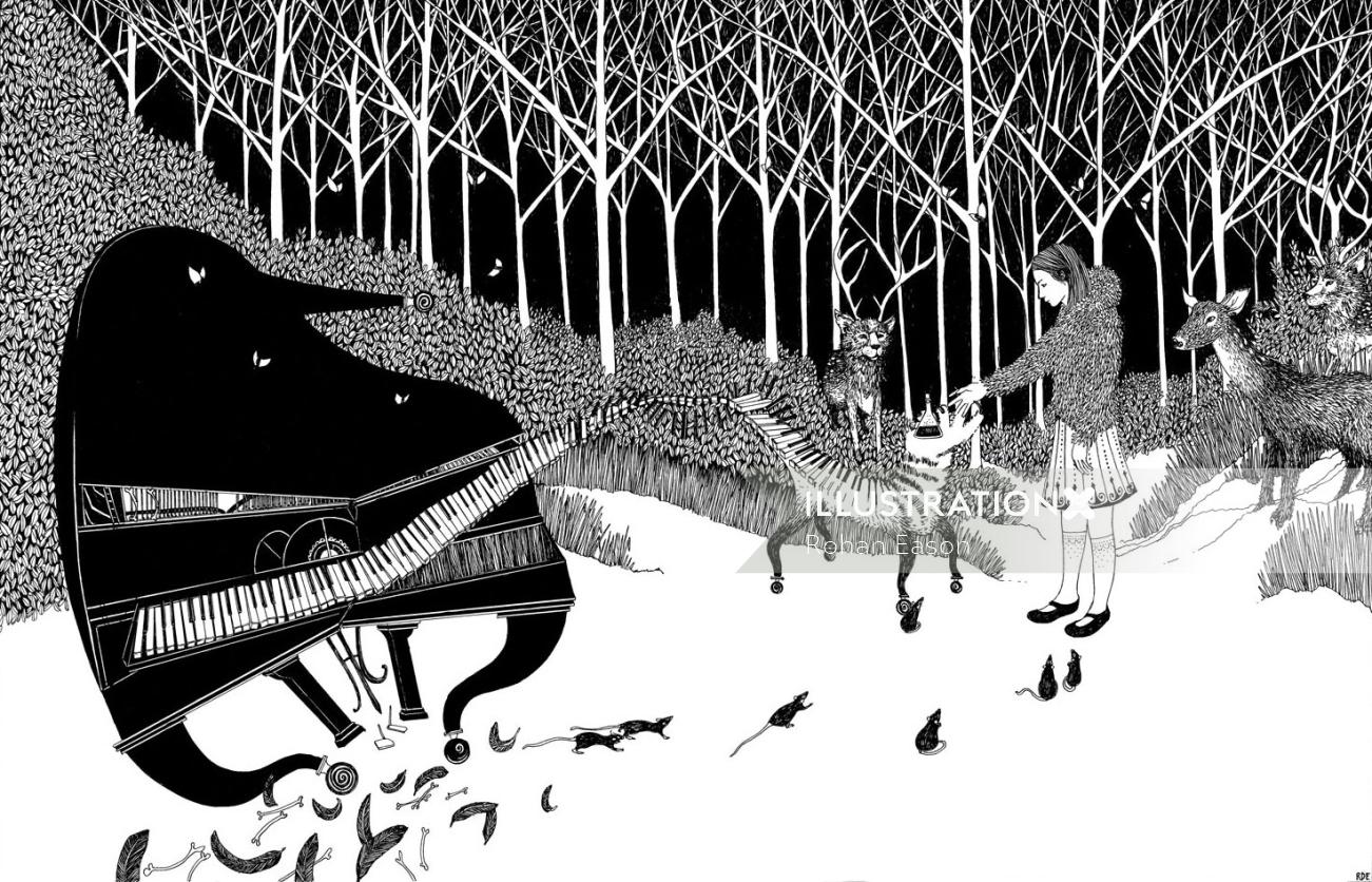 Piano in the Forest - an illustration from ‘Anna and the Witch's Bottle’ Children's Book