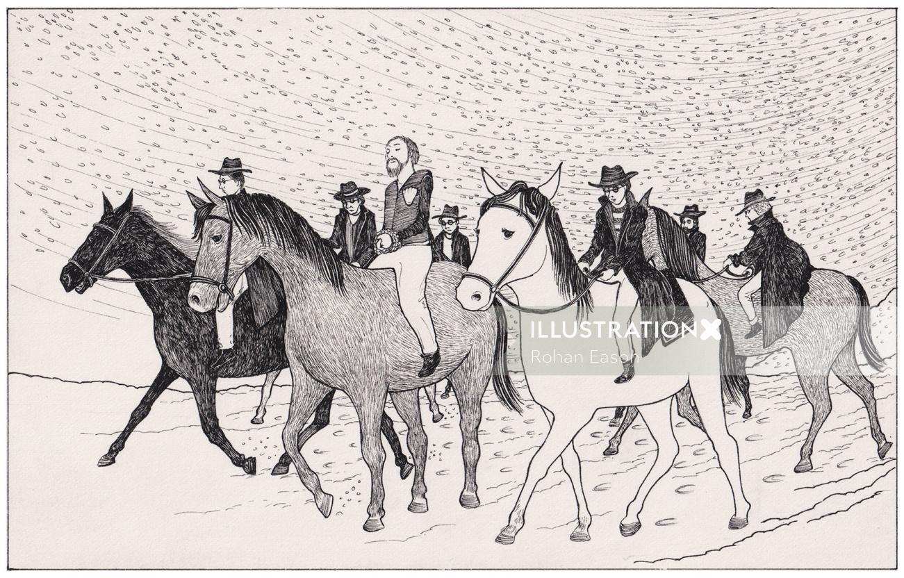 Pen & ink illustration of horse riding