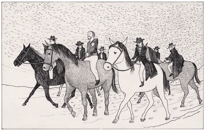 Pen & ink illustration of horse riding