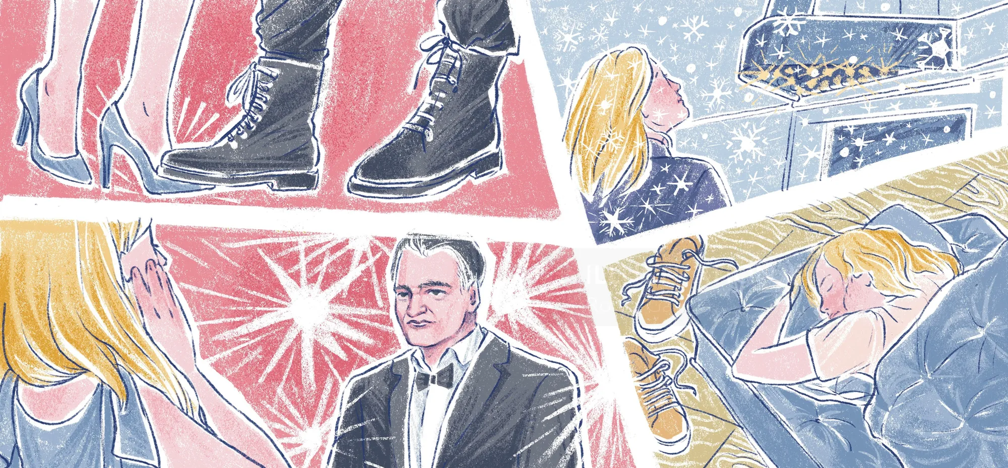Elegant people dancing and a man in tuxedo at a formal event illustration.