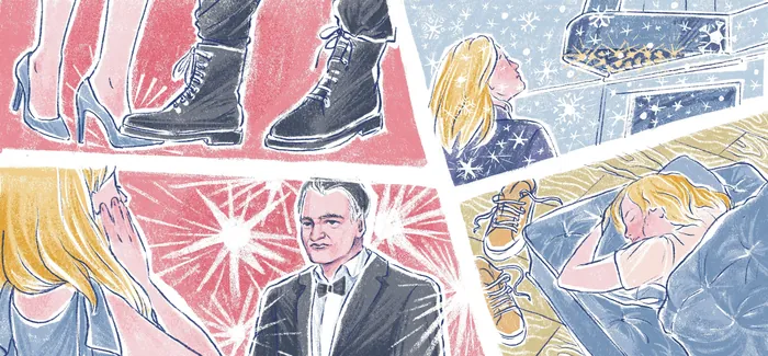Elegant people dancing and a man in tuxedo at a formal event illustration.