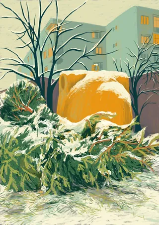 Snow-covered bear sculpture surrounded by snowy trees and buildings