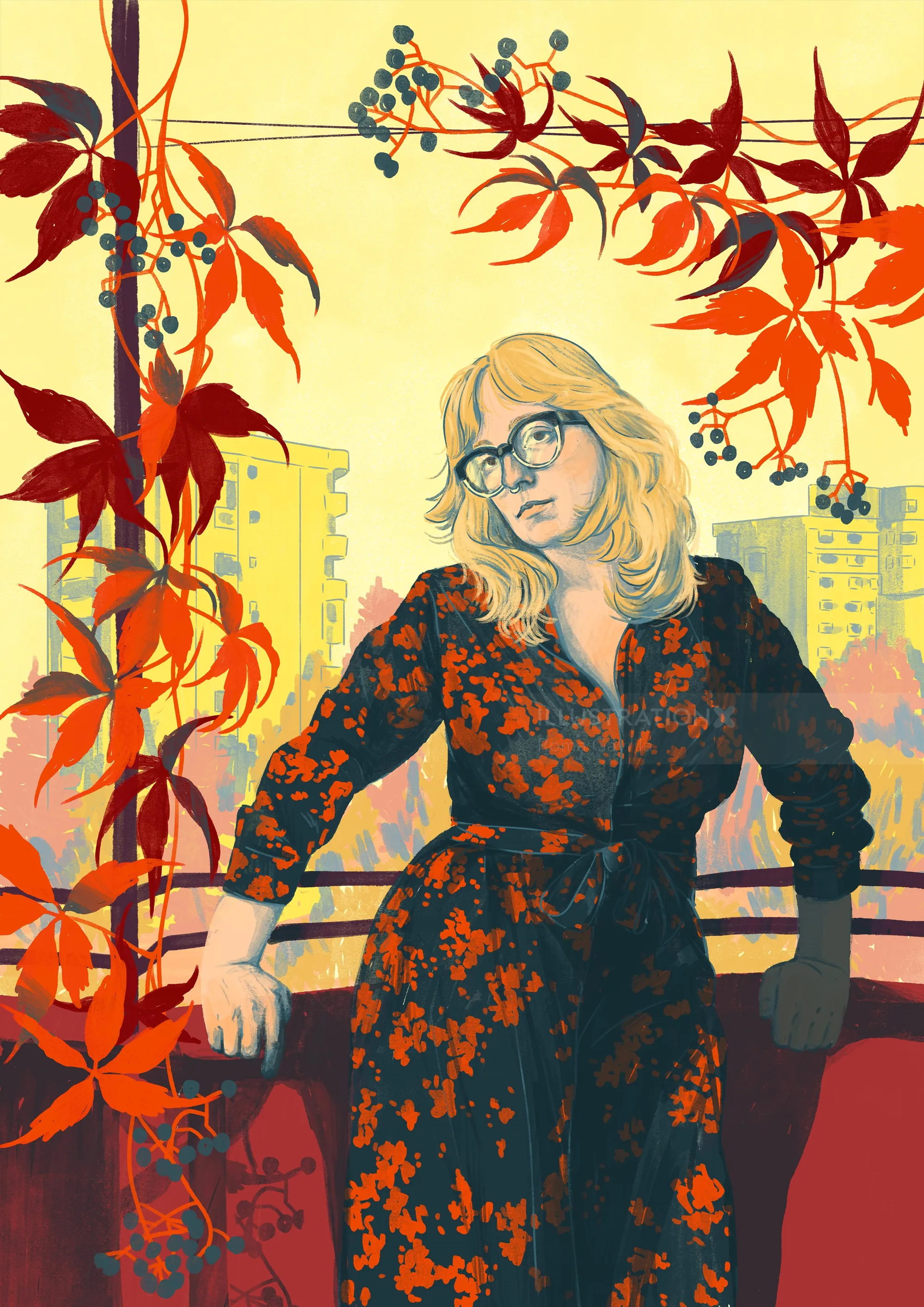 Woman in floral dress with glasses among red autumn leaves on balcony